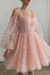 Misshow A Line Off the Shoulder Blush Short Homecoming Dress/Mini Dress with Long Sleeves