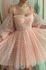 Misshow A Line Off the Shoulder Blush Short Homecoming Dress/Mini Dress with Long Sleeves