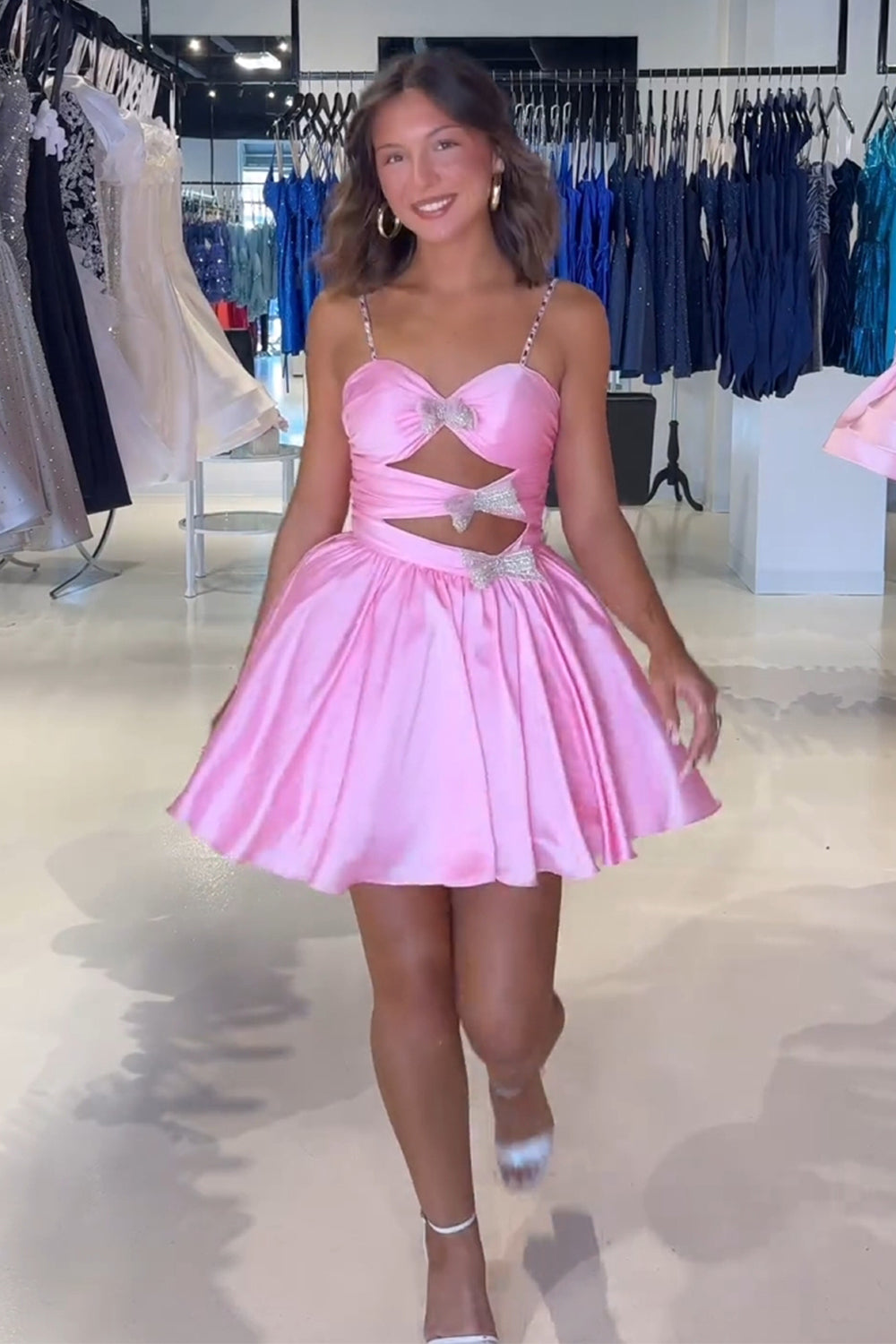 Misshow A Line Pink Spaghetti Straps Tiered Short Homecoming Dress/Mini Dress with Bow