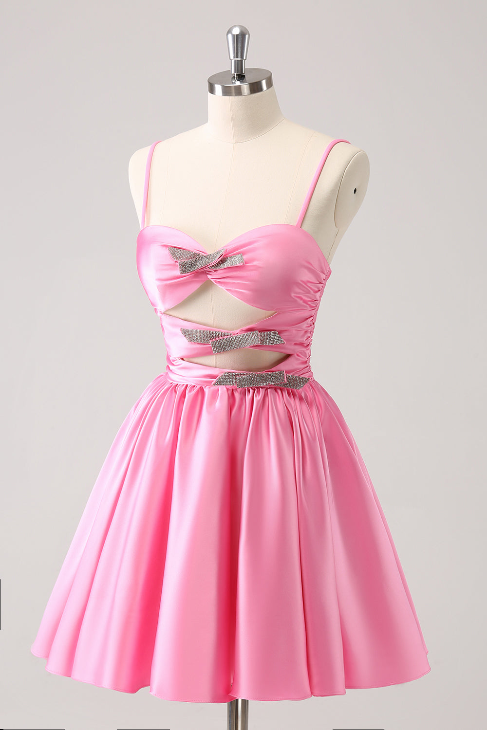Misshow A Line Pink Spaghetti Straps Tiered Short Homecoming Dress/Mini Dress with Bow