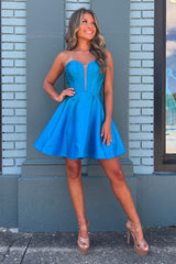 Misshow A-Line Royal Blue Strapless Corset Short Homecoming Dress/Mini Dress with Sleeves