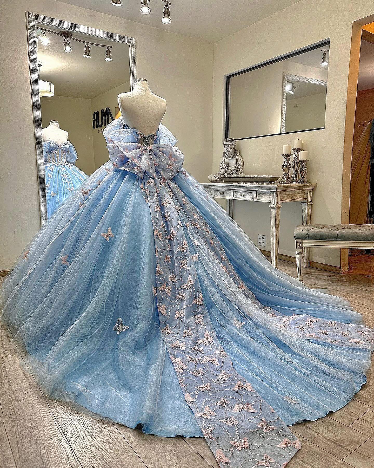 Misshow Baby Blue Ball Gown Off-Shoulder Sleeveless Tulle Quinceanera Dress with Beaded Sequins & 3D Butterfly Appliques