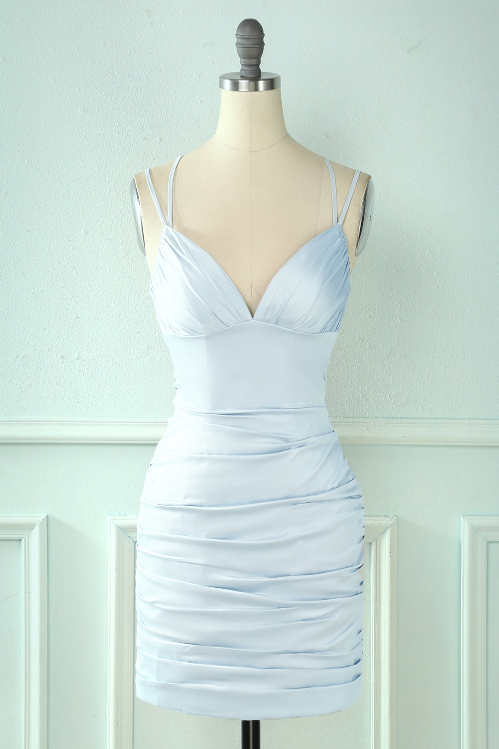 Misshow Baby Blue Tight Lace-Up Back Ruched Homecoming Dress/Mini Dress