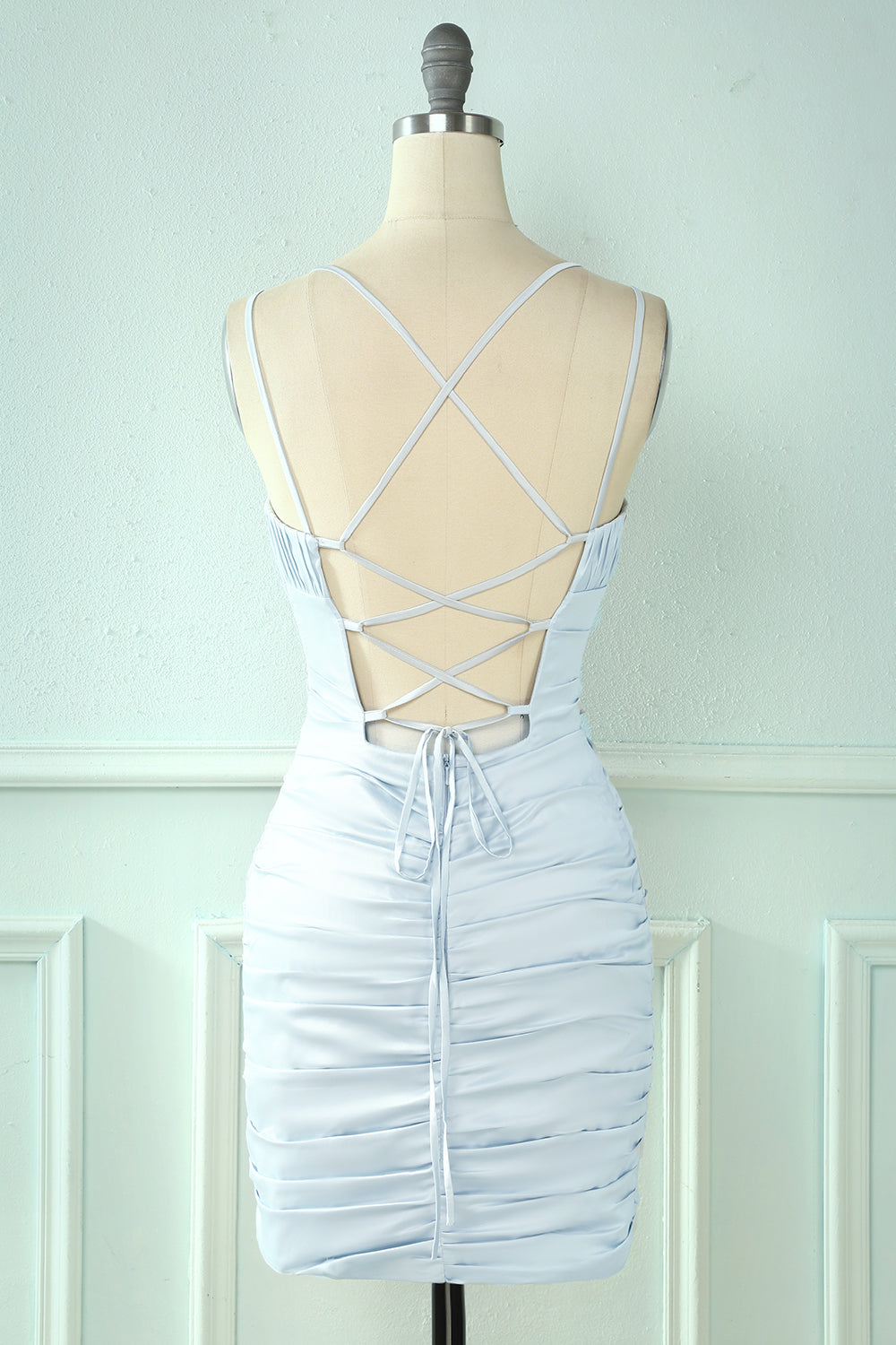 Misshow Baby Blue Tight Lace-Up Back Ruched Homecoming Dress/Mini Dress