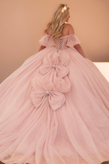 Misshow Baby Pink Glitter Tulle Quinceanera Dress Sweetheart Neckline Detachable Lantern Sleeves & Beaded Sequins for Princess Ball Gowns