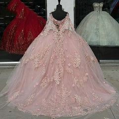 Misshow Ball Gown Off-Shoulder Long Sleeve 3D Floral Lace Applique Beaded Pink Tulle Quinceanera Dress Princess Evening Gown for Sweet 16 & Special Occasions