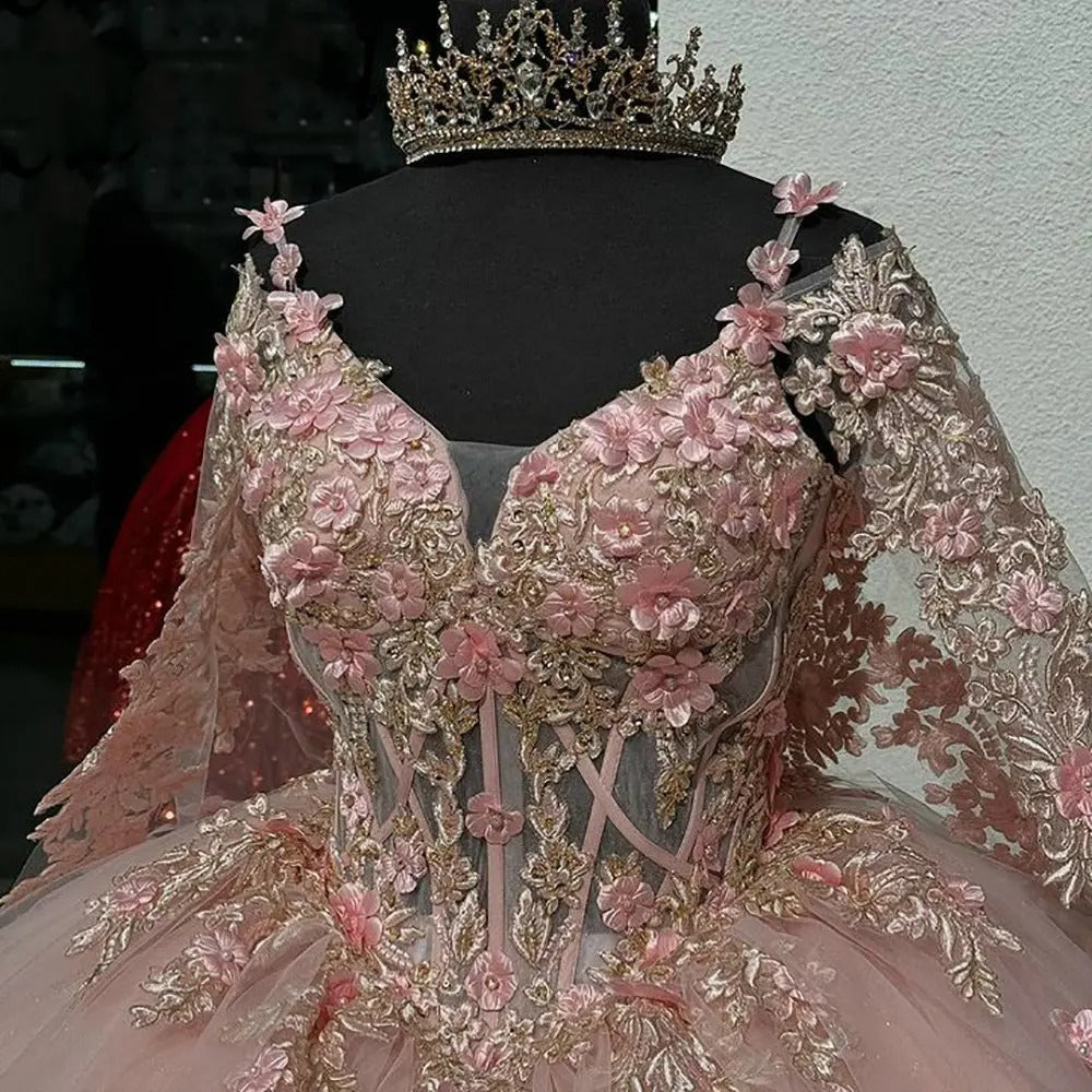 Misshow Ball Gown Off-Shoulder Long Sleeve 3D Floral Lace Applique Beaded Pink Tulle Quinceanera Dress Princess Evening Gown for Sweet 16 & Special Occasions