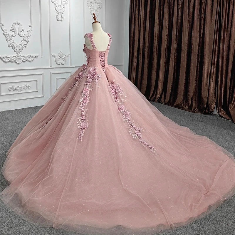 Misshow Ball Gown with Off-Shoulder Straps & 3D Floral Lace Appliques Rose Pink Tulle Quinceanera Dress for Sweet 16