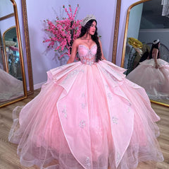 Misshow Ball Gown with Sweetheart Neckline Lace Flower Appliques Tiered Ruffles and Pink Tulle for Quinceanera Sweet 16 & Formal Evenings