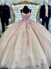 Misshow Ball Gown with Sweetheart Neckline Spaghetti Straps & Sequined Lace Appliques Perfect for Quinceanera Sweet 16 and Princess-Themed Parties