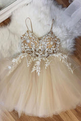 Misshow Beige Spaghetti Straps Homecoming Dress/Mini Dress With Appliques