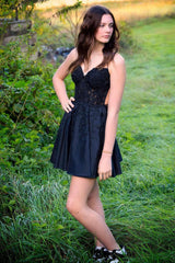 Misshow Black A Line Backless Halter Short Homecoming Dress/Mini Dress with Lace