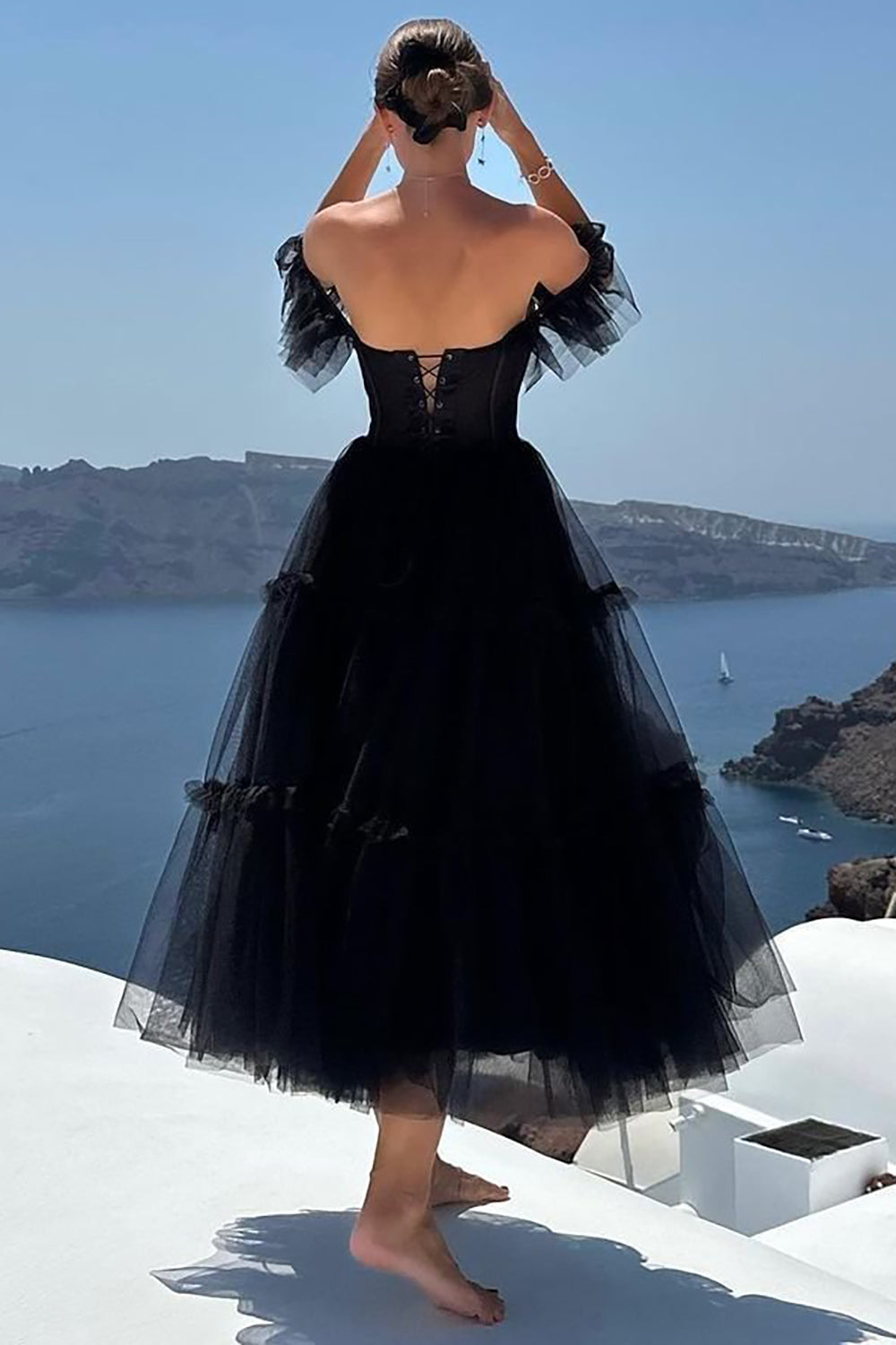 Misshow Black A-Line Corset Ruffled Tulle Homecoming Dress/Mini Dress