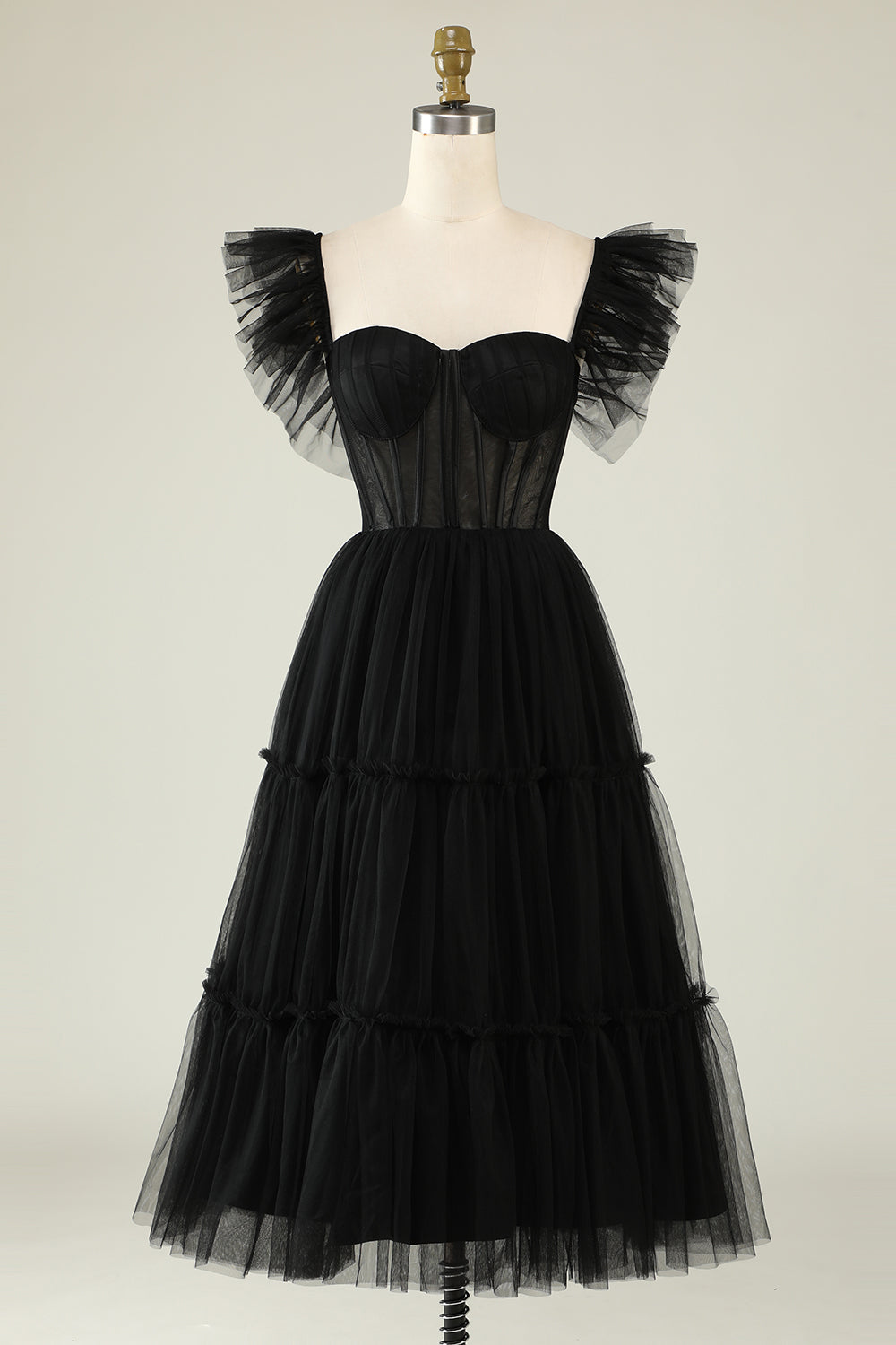 Misshow Black A-Line Corset Ruffled Tulle Homecoming Dress/Mini Dress