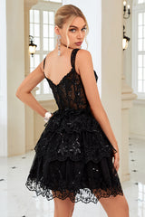 Misshow Black Corset A-Line Short Homecoming Dress/Mini Dress with Lace