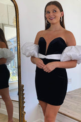 Misshow Black Detachable Sleeves Velvet Tight Short Homecoming Dress/Mini Dress