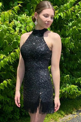 Misshow Black Halter Sequins Tight Homecoming Dress/Mini Dress