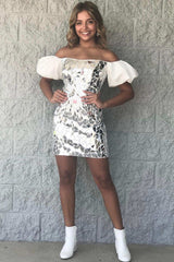 Misshow Black Mirror Off The Shoulder Tight Short Homecoming Dress/Mini Dress