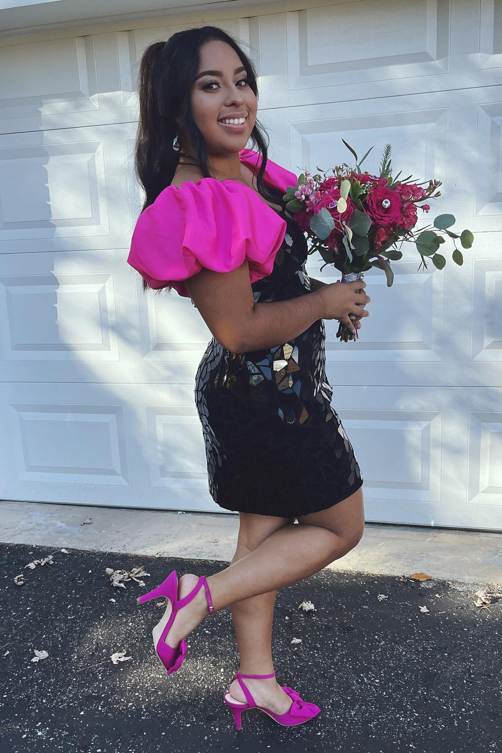 Misshow Black Mirror Tight Short Homecoming Dress/Mini Dress With Puff Sleeves