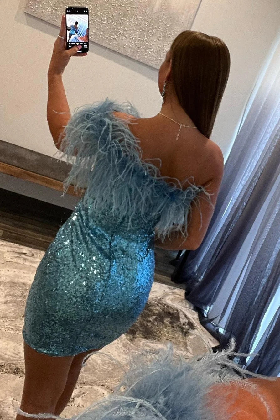 Misshow Black One Shoulder Sequins Short Homecoming Dress/Mini Dress with Feathers
