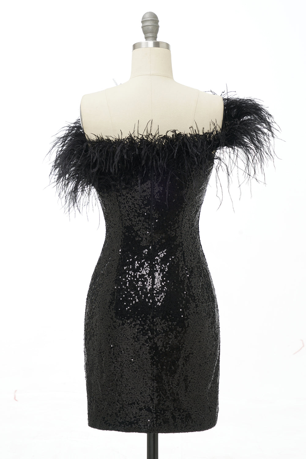 Misshow Black One Shoulder Sequins Short Homecoming Dress/Mini Dress with Feathers