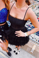 Misshow Black Ruffled Corset Short Homecoming Dress/Mini Dress