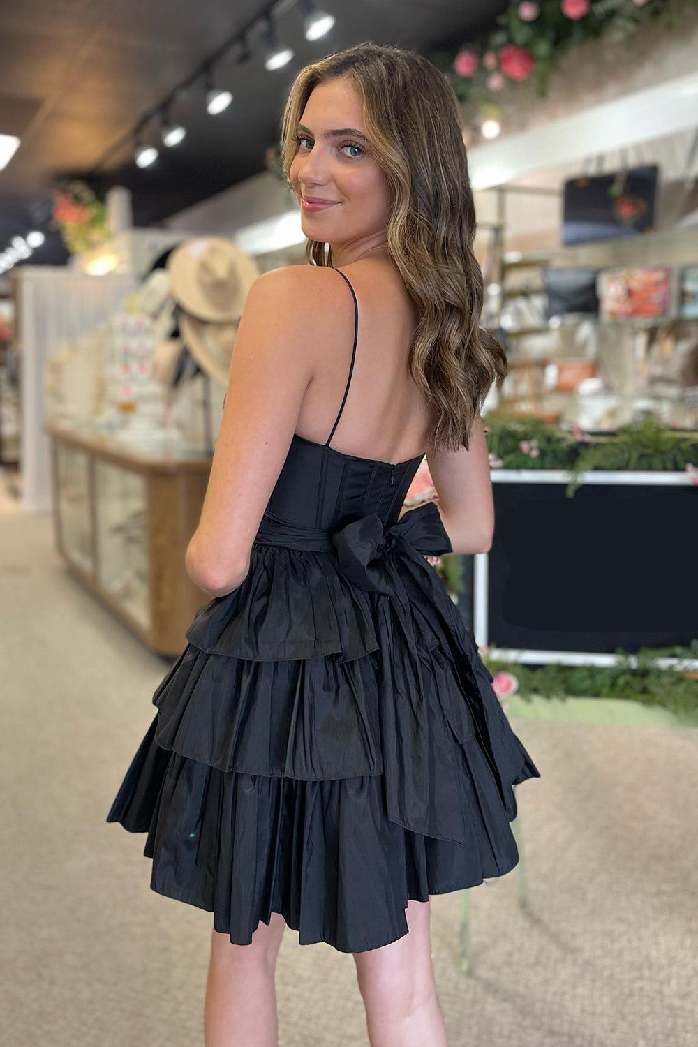 Misshow Black Spaghetti Straps A Line Tiered Short Homecoming Dress/Mini Dress With Bow