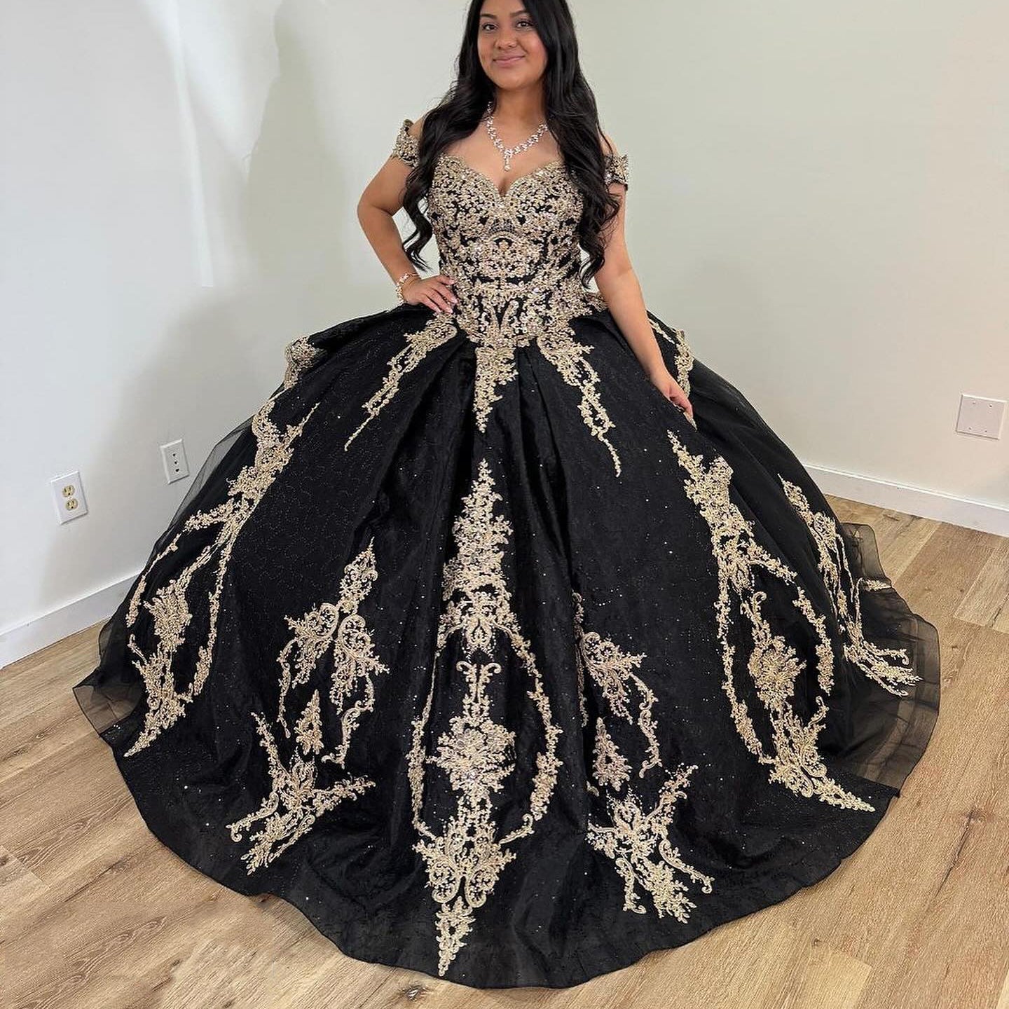 Misshow Black Tulle Ball Gown Off-Shoulder Lace Applique Princess Dress for Quinceanera & Sweet 16