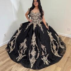 Misshow Black Tulle Ball Gown Off-Shoulder Lace Applique Princess Dress for Quinceanera & Sweet 16