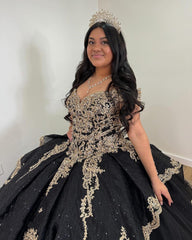 Misshow Black Tulle Ball Gown Off-Shoulder Lace Applique Princess Dress for Quinceanera & Sweet 16