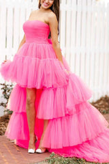 Misshow Blue A-Line High Low Strapless Homecoming Dress/Mini Dress with Ruffles