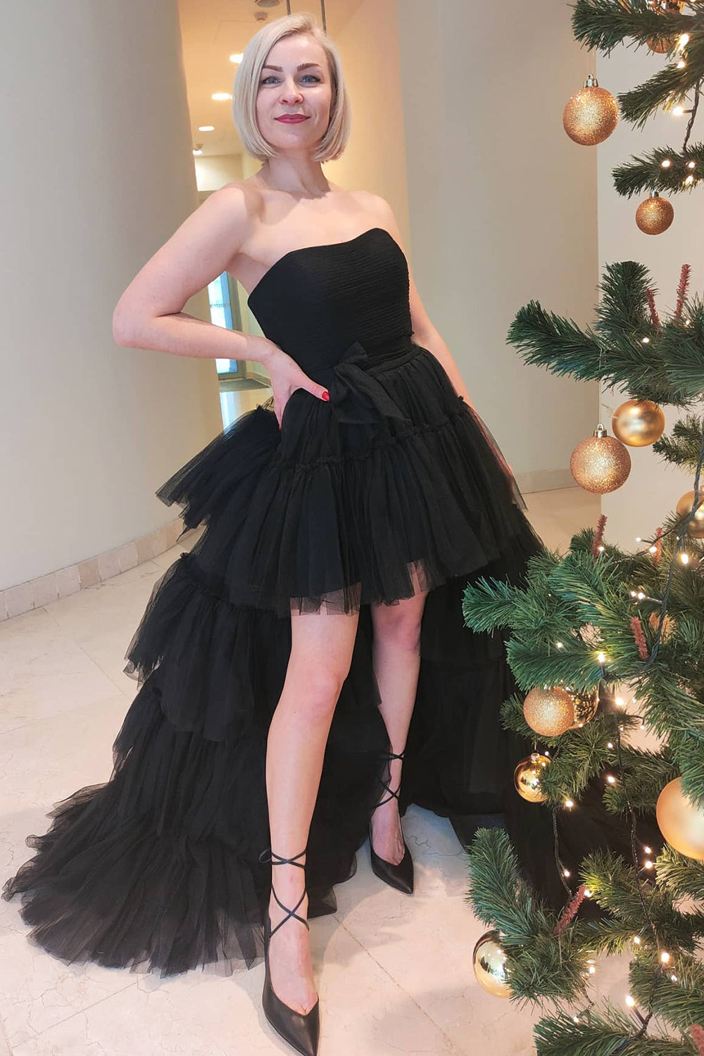 Misshow Blue A-Line High Low Strapless Homecoming Dress/Mini Dress with Ruffles