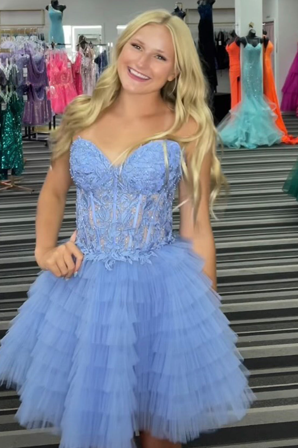 Misshow Blue A Line Strapless Tiered Short Homecoming Dress/Mini Dress With Appliques