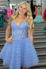 Misshow Blue A Line Strapless Tiered Short Homecoming Dress/Mini Dress With Appliques