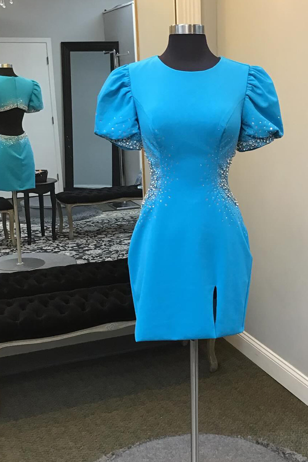 Misshow Blue Beaded Puff Sleeves Short Homecoming Dress/Mini Dress