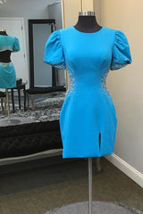 Misshow Blue Beaded Puff Sleeves Short Homecoming Dress/Mini Dress