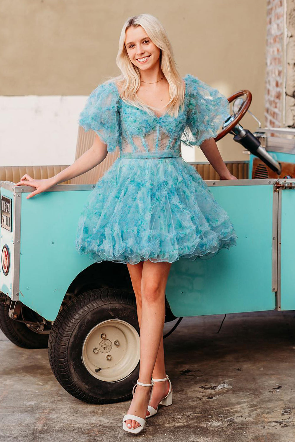Misshow Blue Corset Off The Shoulder Floral A-Line Short Homecoming Dress/Mini Dress