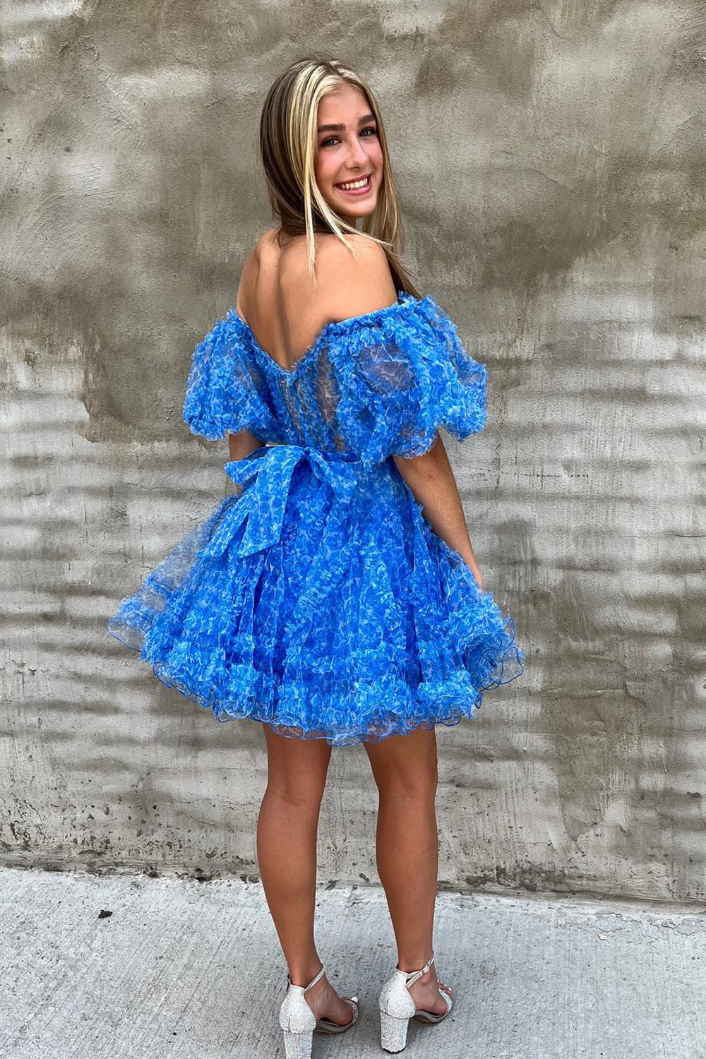Misshow Blue Corset Printed A-Line Short Homecoming Dress/Mini Dress with Sleeves