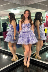 Misshow Blue Halter A Line Tiered Floral Printed Homecoming Dress/Mini Dress