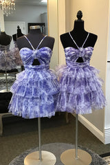 Misshow Blue Halter A Line Tiered Floral Printed Homecoming Dress/Mini Dress