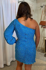 Misshow Blue One Shoulder Sequins Tight Homecoming Dress/Mini Dress