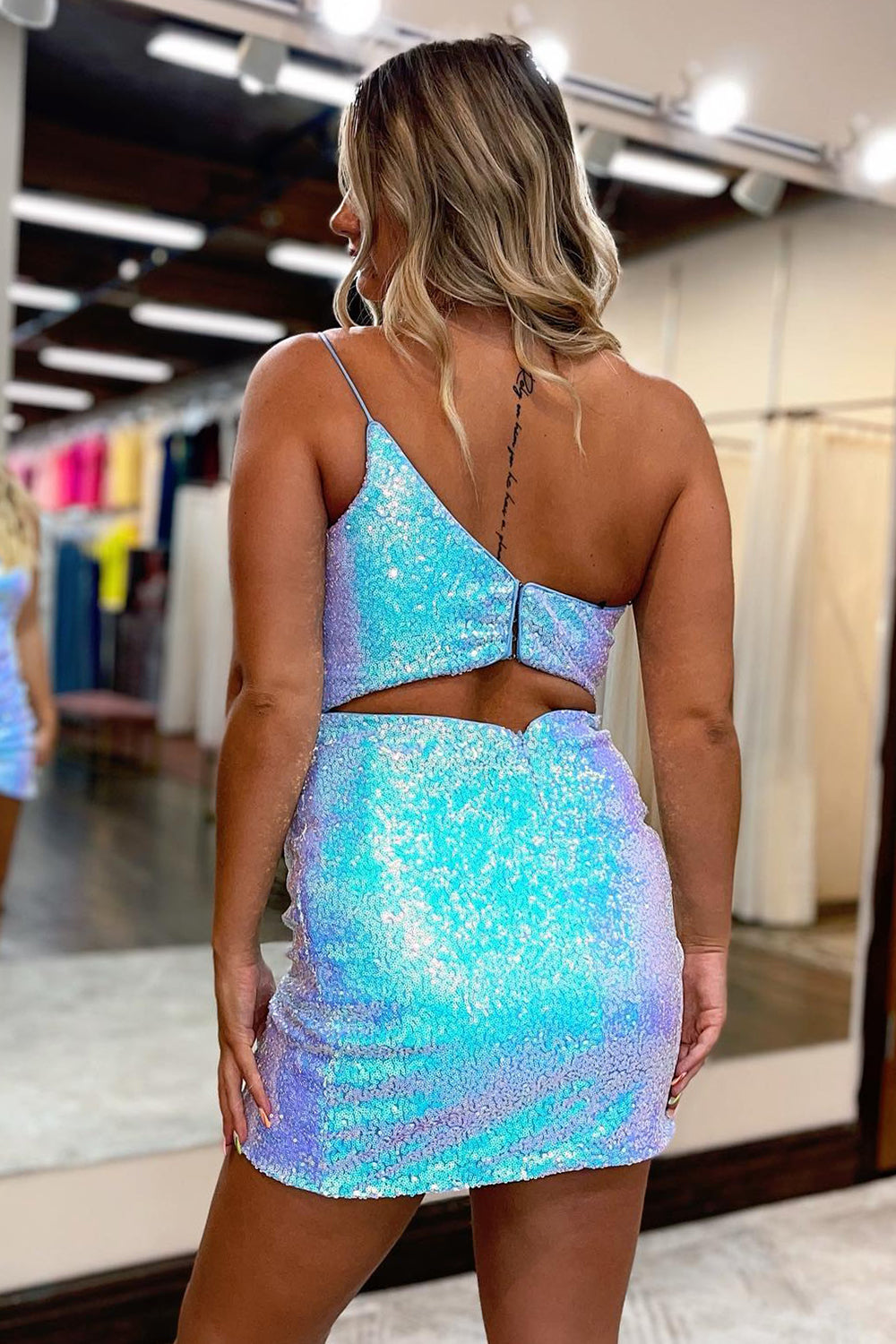 Misshow Blue Open Back One Shoulder Sequins Tight Short Homecoming Dress/Mini Dress