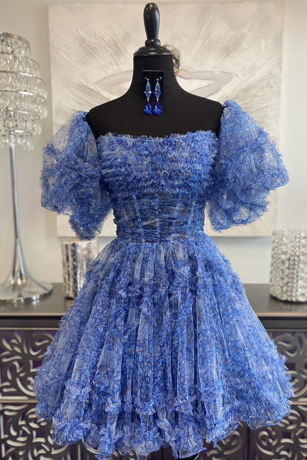 Misshow Blue Printed Detachable Sleeves Ruffled Short Homecoming Dress/Mini Dress