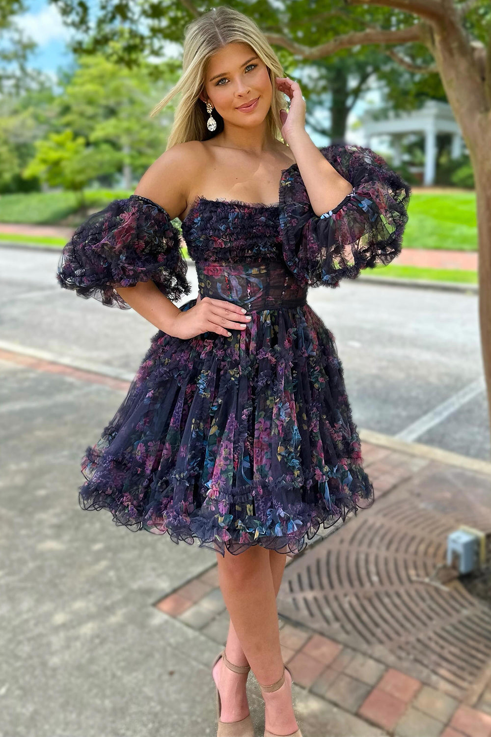 Misshow Blue Printed Detachable Sleeves Ruffled Short Homecoming Dress/Mini Dress