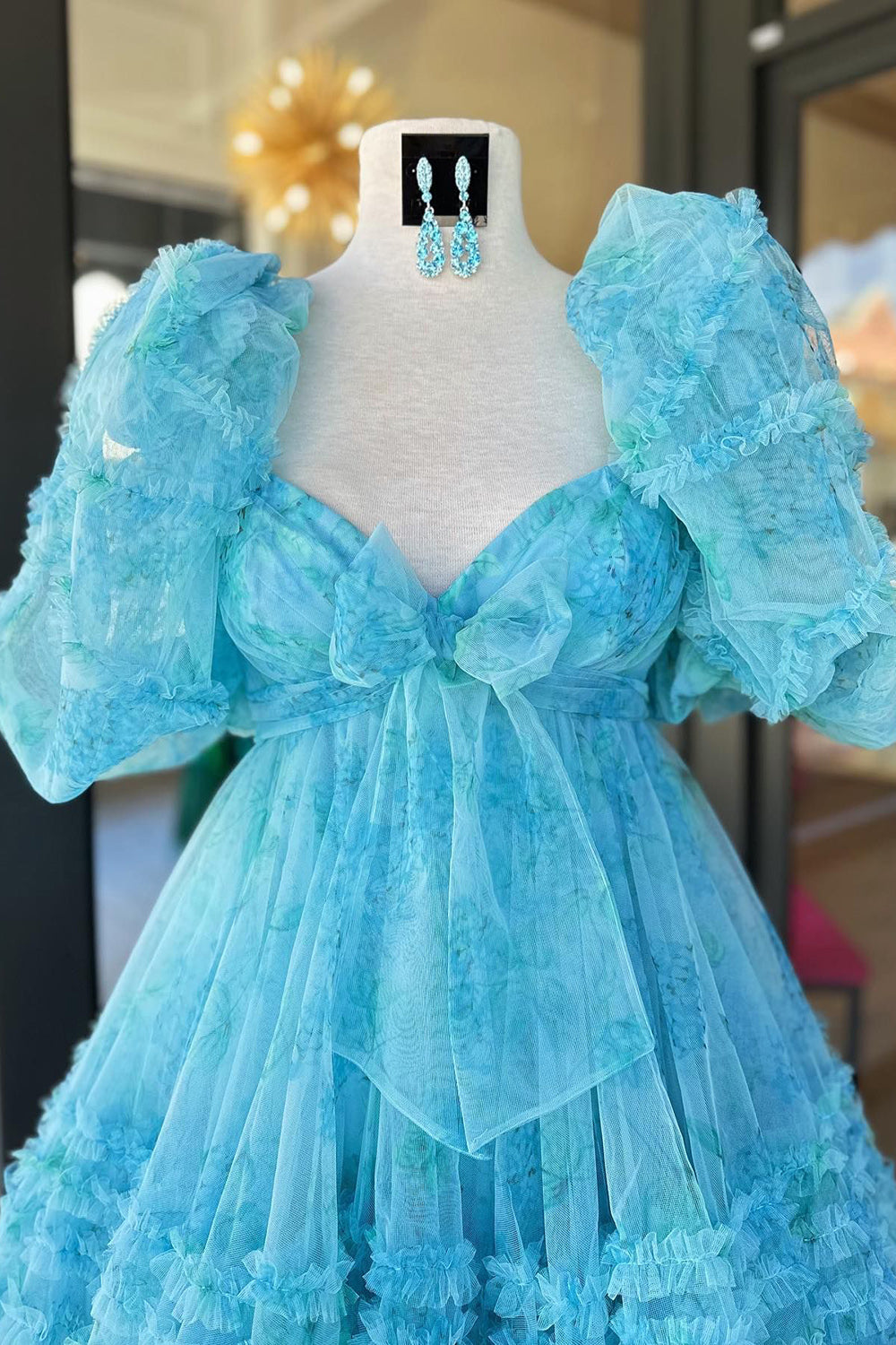 Misshow Blue Puff Sleeves A-Line Floral Short Homecoming Dress/Mini Dress with Ruffles