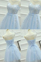 Misshow Blue Round Neck A Line Homecoming Dress/Mini Dress