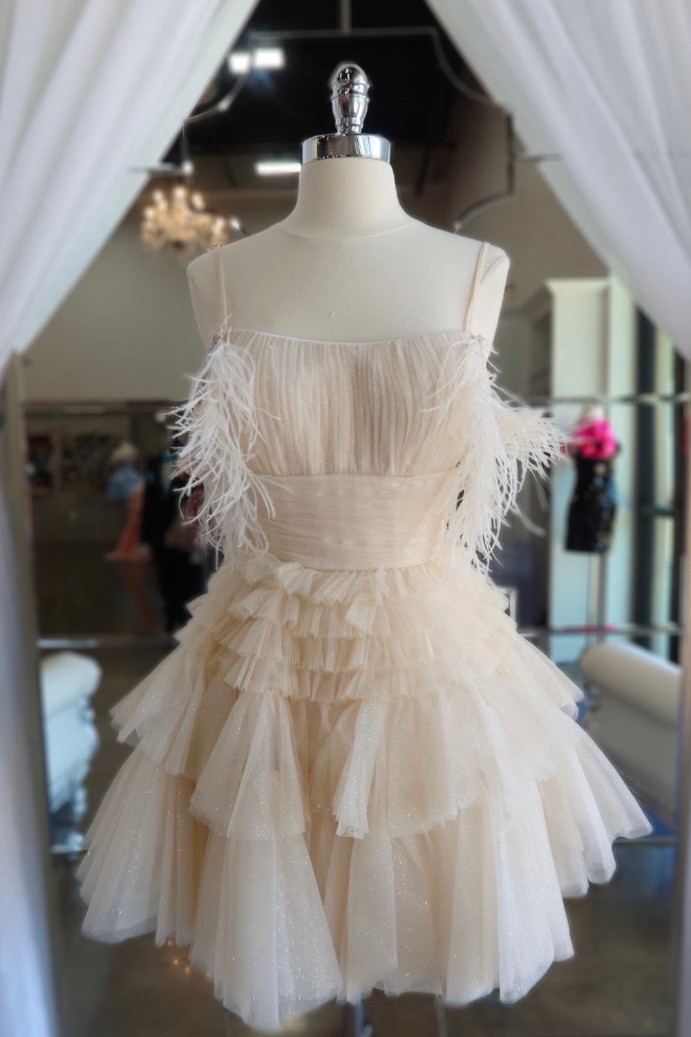 Misshow Blue Ruffled Short Homecoming Dress/Mini Dress With Feathers
