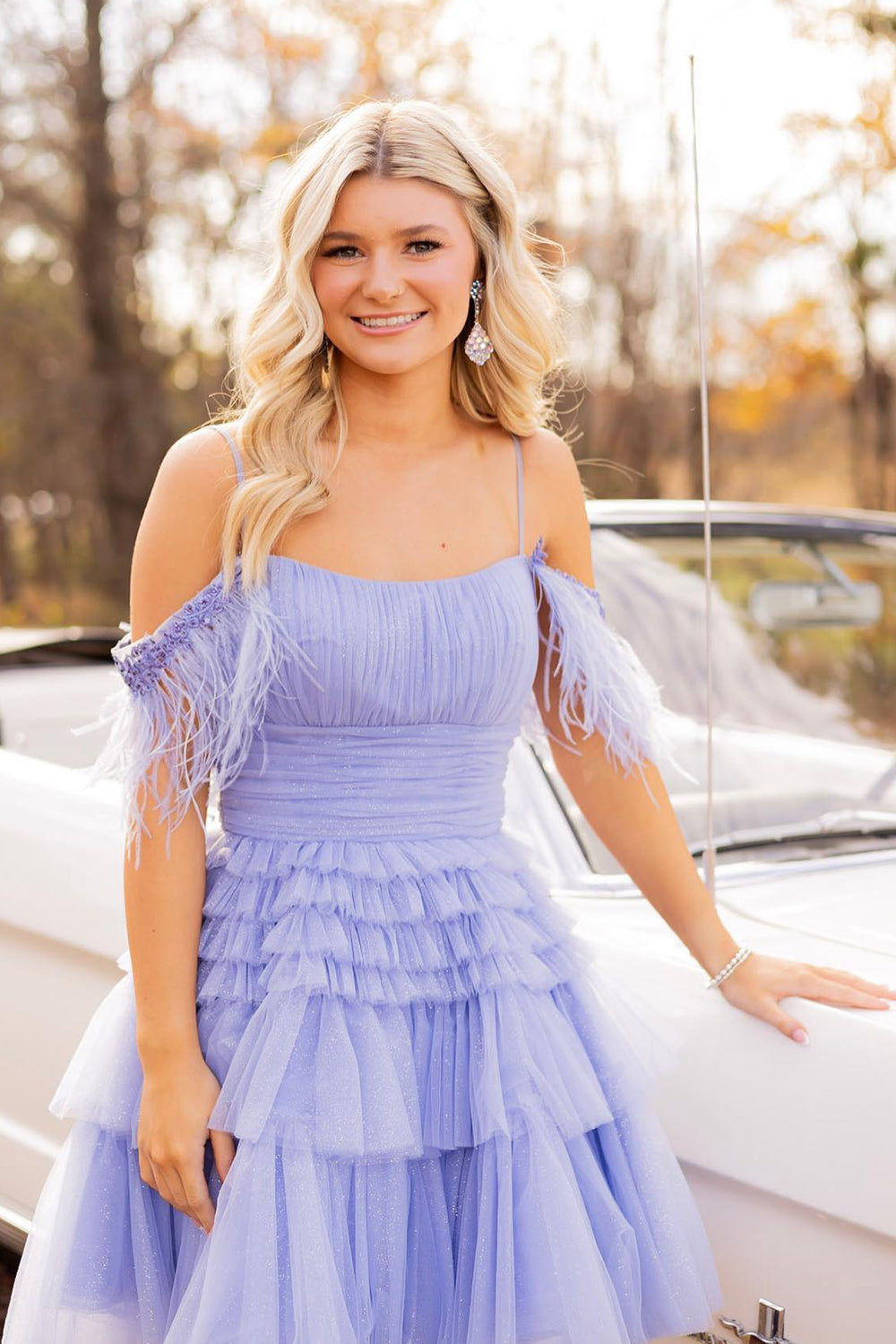 Misshow Blue Ruffled Short Homecoming Dress/Mini Dress With Feathers