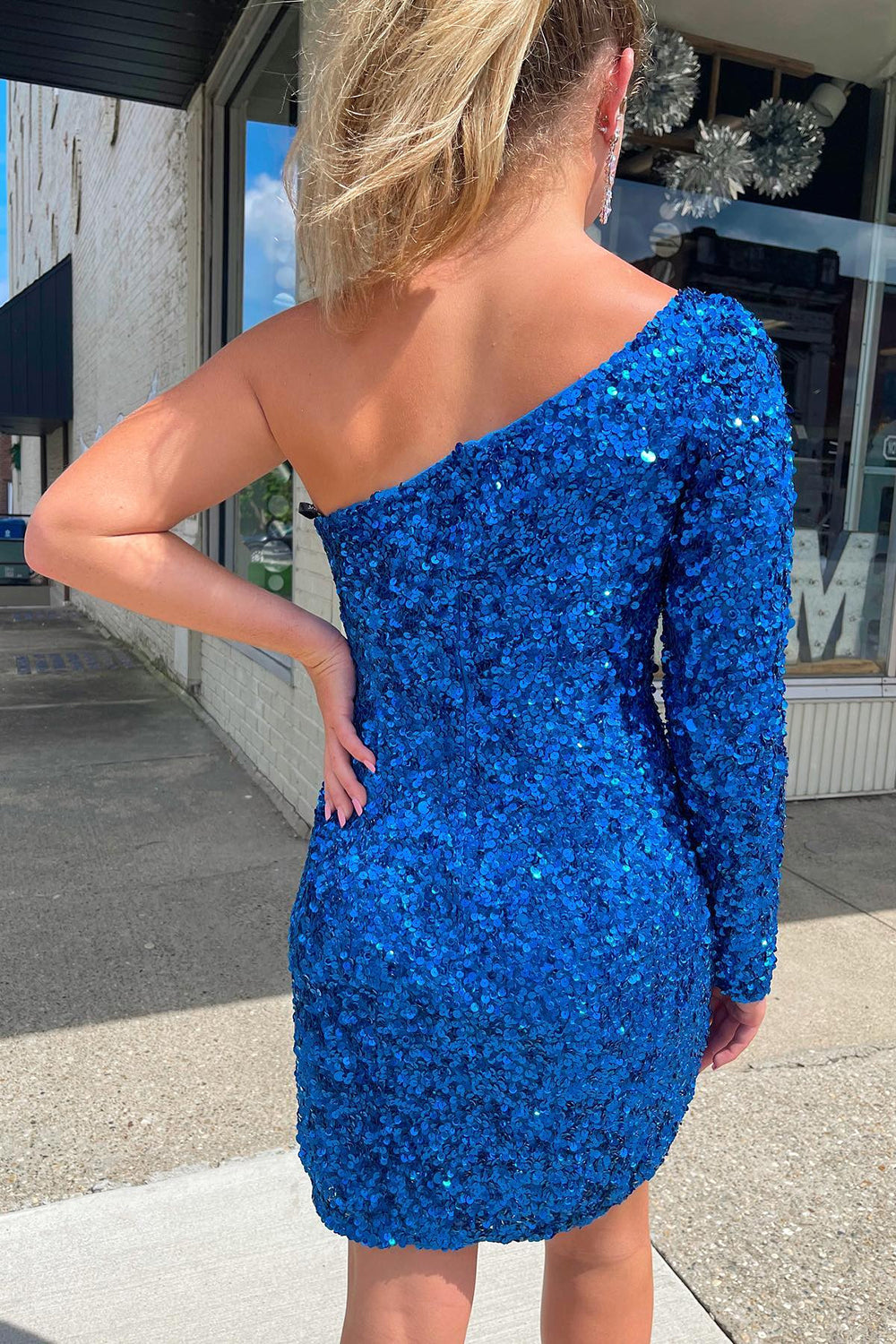 Misshow Blue Sequins Homecoming Dress/Mini Dress with Sleeves
