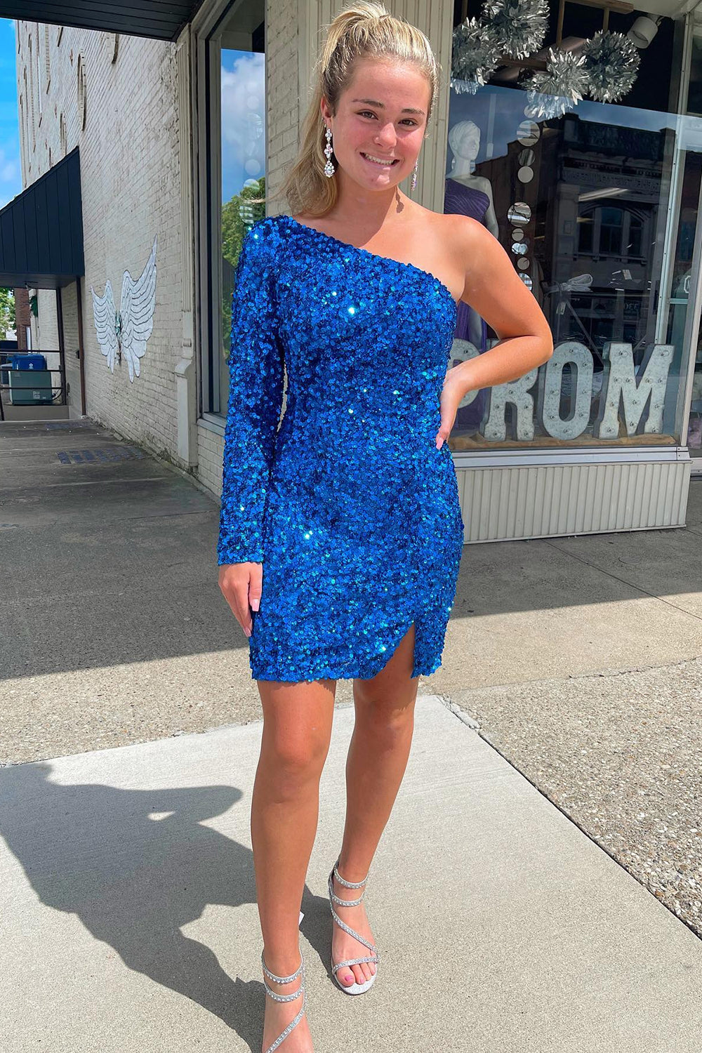 Misshow Blue Sequins Homecoming Dress/Mini Dress with Sleeves
